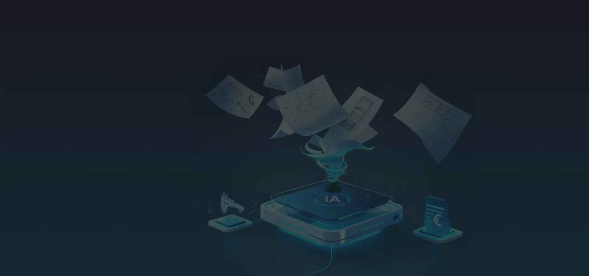 Fondo de hero de la plataforma Trazor mostrando elementos de diseño industrial y un gráfico de progreso de análisis en tiempo real de presupuestos de piezas de mecanizado mediante inteligencia artificial.
