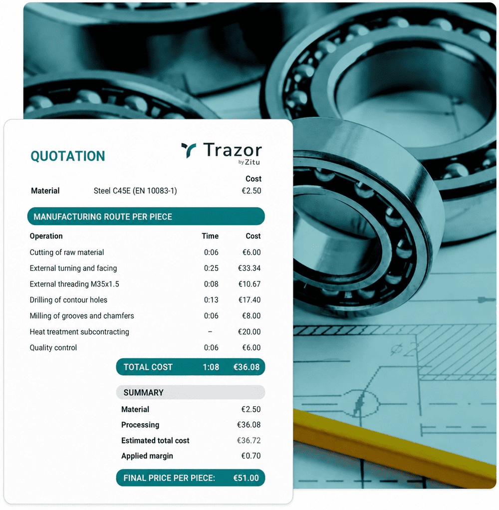 Screenshot of the quote generated by Trazor for a machined steel part, showing the manufacturing process and detailed costs. In the background, industrial bearings and an engineering drawing.