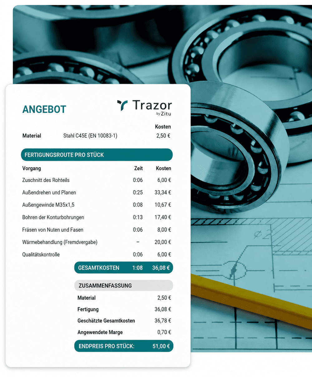 Screenshot des von Trazor erstellten Kostenvoranschlags für ein bearbeitetes Stahlteil, der den Fertigungsablauf und die detaillierten Kosten zeigt. Im Hintergrund sind Industrielager und eine technische Konstruktionszeichnung zu sehen.